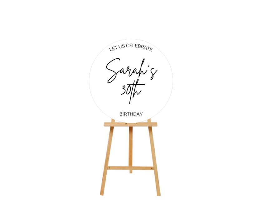Personalised White Round Acrylic Sign Package - Black Metal Easel