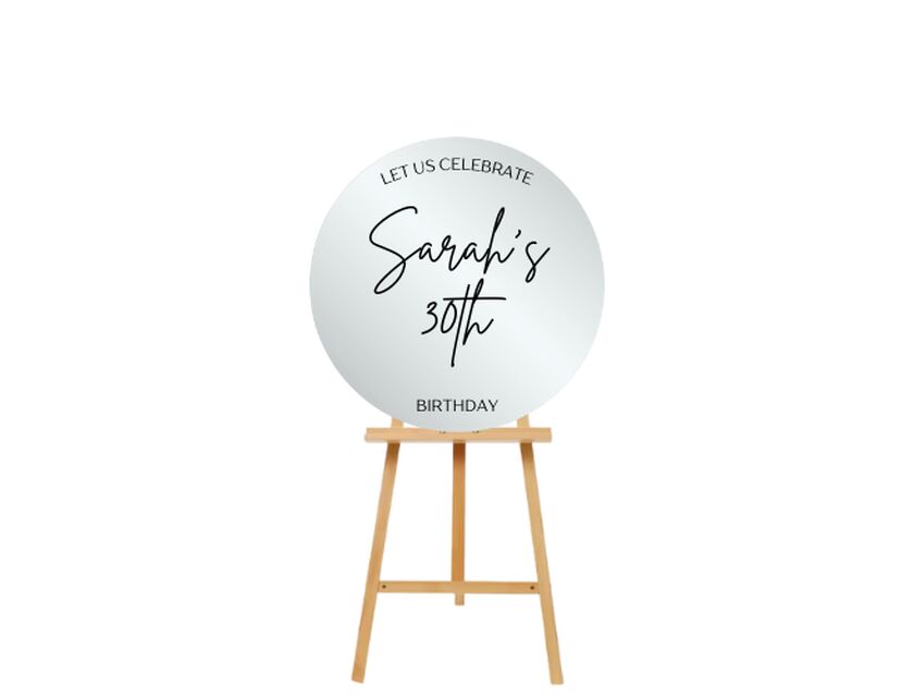 Personalised Mirror Round Acrylic Sign Package - Black Metal Easel