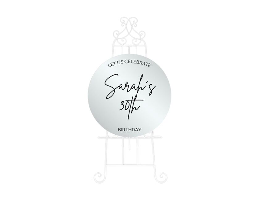 Personalised Mirror Round Acrylic Sign Package - Black Metal Easel
