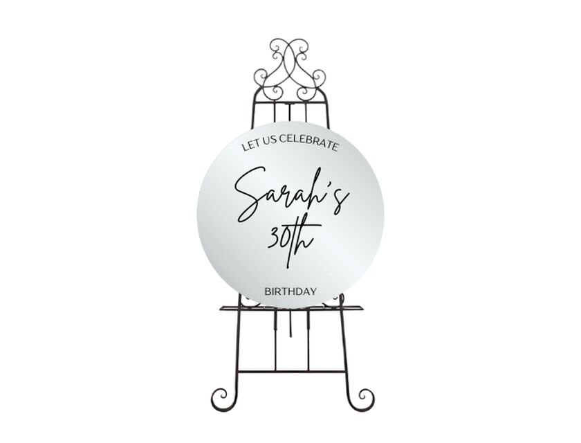 Personalised Mirror Round Acrylic Sign Package - Black Metal Easel