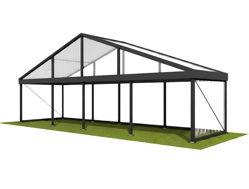 12m Clear Roof - Black Frame Pavilion - 12m x 3m