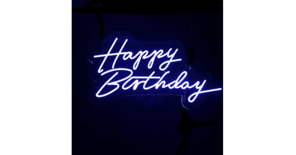 Happy Birthday Neon Sign White Olympic Party Hire